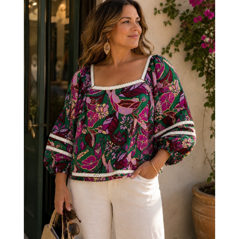 Cynthia Rowley 100% Linen Floral Balloon Sleeve‎ Square Neck Blouse XL